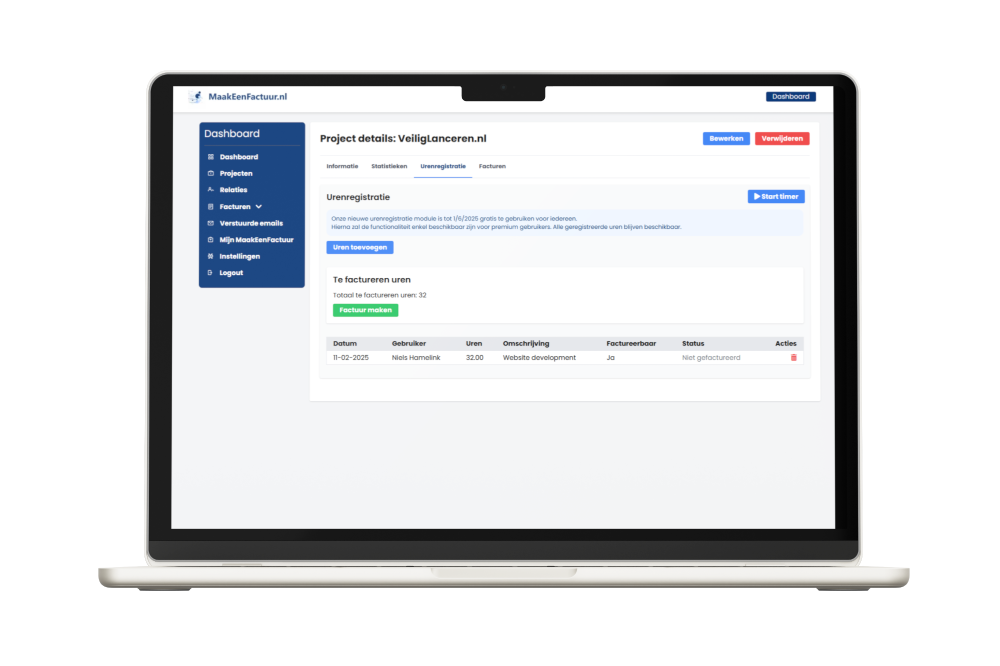 Urenregistratie MaakEenFactuur.nl website mockup